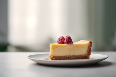 Piece of cheesecake with raspberries on a white plateの素材