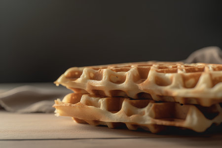 Close up of homemade belgian waffles on wooden background with copy spaceの素材