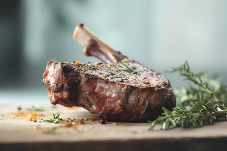 Grilled lamb chops with rosemary and spices on a wooden boardの素材