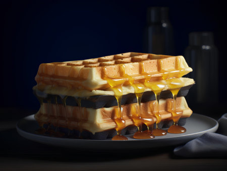 Belgian waffles with honey on a dark background. Toned.の素材