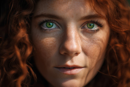 Portrait of a beautiful young woman with red hair and green eyesの素材