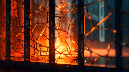 Burning glass on the background of a fence in the dark.の素材