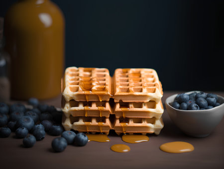 Homemade belgian waffles with fresh blueberries and honey on wooden backgroundの素材