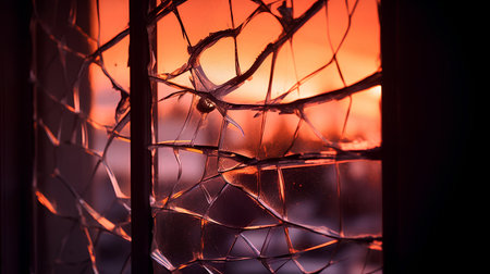 Broken glass window on a background of the city at sunset.の素材