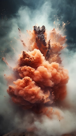 Explosion of red and orange smoke on a dark background. 3d renderingの素材