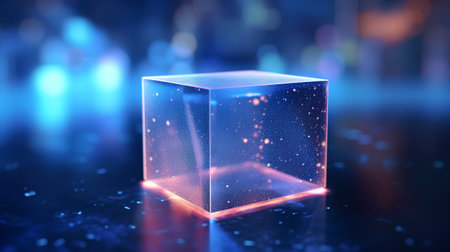 3d illustration of cube with glowing particles and bokeh backgroundの素材