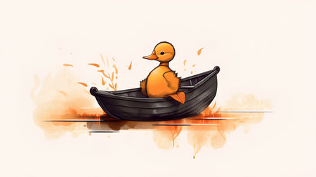 Illustration of a duck in a boat on watercolor background.の素材