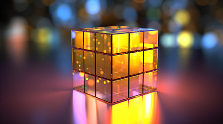 3d render of a golden cube on a colored background with lightsの素材