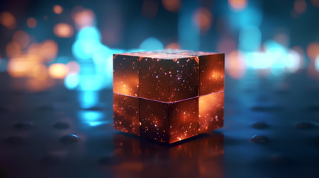 3d illustration of a gift box on a dark background with bokehの素材