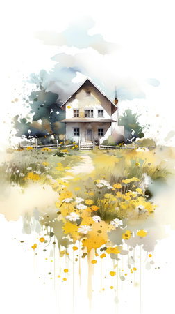Watercolor illustration of an old house in a field of yellow flowersの素材