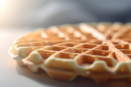 Closeup of belgian waffles on white plate, soft focusの素材