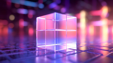 3d rendering of a glowing cube on a wireframe background.の素材
