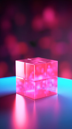 3d render of cube with light reflection on blue and pink backgroundの素材