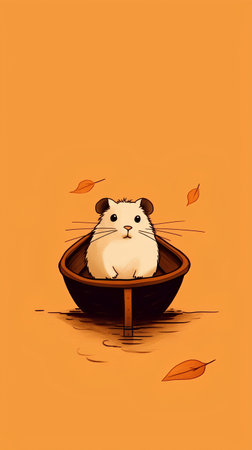 Cute hamster sitting in a boat with autumn leaves. Vector illustration.の素材