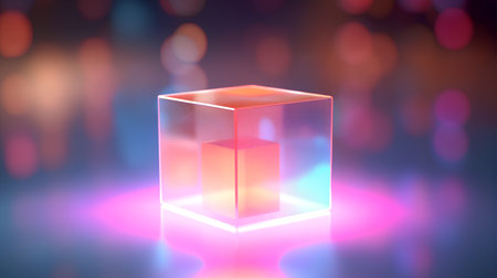3d illustration of a cube on a colored background with bokehの素材