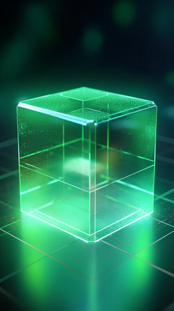 Abstract glowing cube on dark background. 3d rendering, illustration.の素材