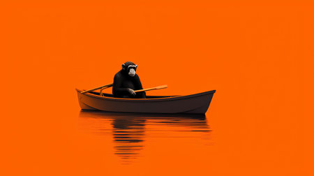 Monkey in a boat isolated on orange background. 3d illustrationの素材