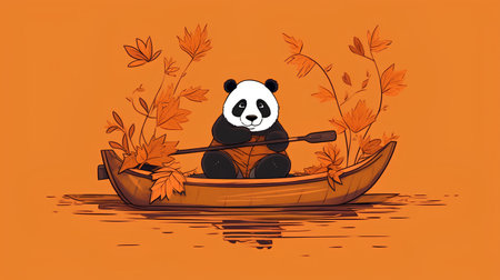 Panda in a canoe with leaves. Vector illustration in cartoon style.の素材