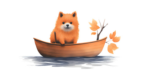 Watercolor illustration of a cute fox in a boat with autumn leavesの素材