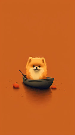 Pomeranian dog in boat with pumpkins isolated on orange backgroundの素材