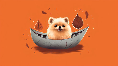 Cute Pomeranian dog sitting in a boat. Vector illustration.の素材