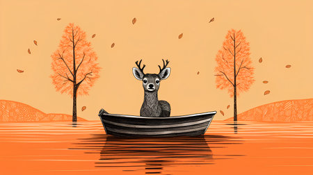 Funny deer in a boat on the lake. Vector illustration.の素材