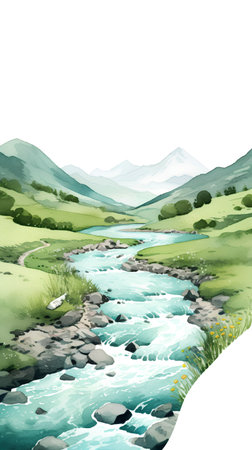 Watercolor landscape with river and mountains. Hand drawn vector illustration.の素材