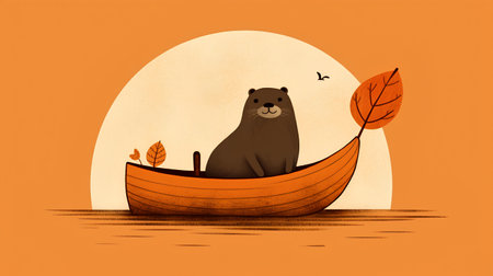 Illustration with a cute otter in a boat on the seaの素材