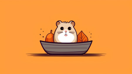 Cute hamster in a boat. Vector illustration on an orange background.の素材