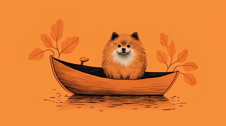 Pomeranian dog in a boat with autumn leaves. Vector illustration.の素材