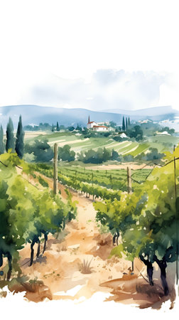 Vineyard in Tuscany, Italy. Watercolor paintingの素材