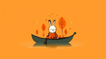 Cute cartoon rabbit in a boat with autumn leaves. Vector illustration.の素材