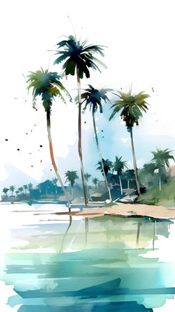 Palm trees on the beach. Hand drawn watercolor illustration.の素材