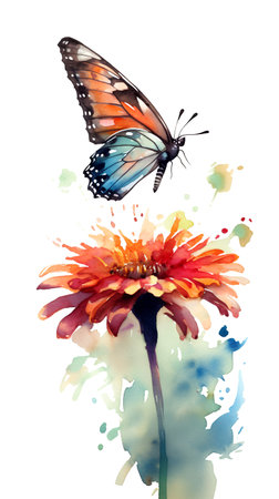 Watercolor butterfly and flower. Hand drawn illustration isolated on white backgroundの素材