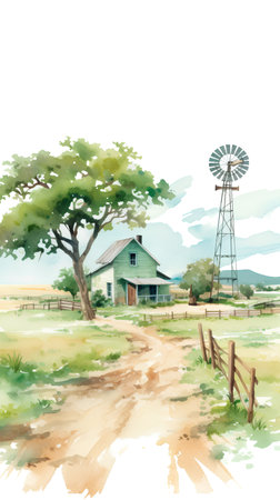 Watercolor rural landscape with barn and windmill. Hand drawn illustrationの素材