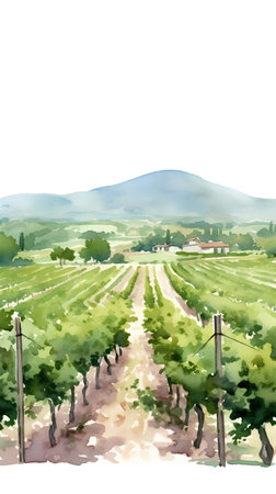 Watercolor landscape with vineyard and mountains. Hand drawn illustration.の素材