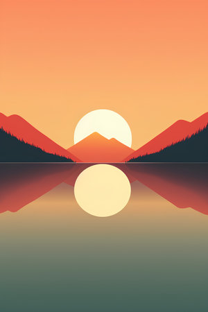 Beautiful sunset over the lake in the mountains. Vector illustration.の素材
