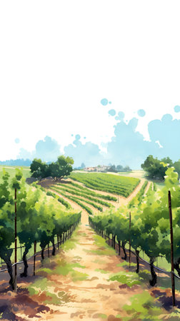 Rows of vineyards on a sunny day. Vector illustration.の素材