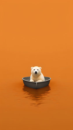Polar bear in a boat on the water. 3d illustrationの素材