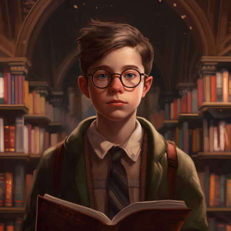 Portrait of a schoolboy in glasses reading a book in a library.の素材