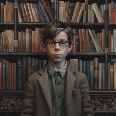 Portrait of a boy in a coat and glasses in the library.の素材