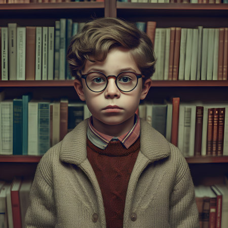 Portrait of a cute little boy in glasses and a sweater in a library. Educational concept.の素材