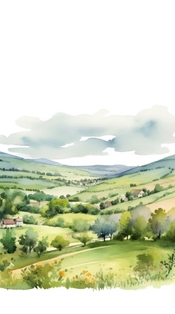 Watercolor rural landscape with hills, fields and trees. Hand drawn illustration.の素材