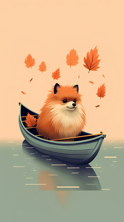 Vector illustration of a cute little fox in a boat with autumn leaves.の素材