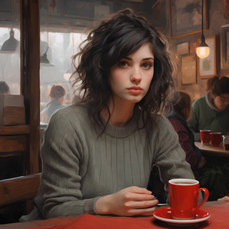 Portrait of a beautiful girl with a cup of coffee in a cafeの素材