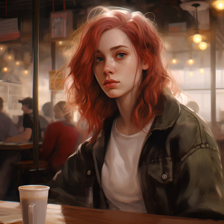 Portrait of a beautiful red-haired girl in a cafe.の素材