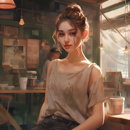Portrait of a beautiful girl in a cafe. Retro style.の素材