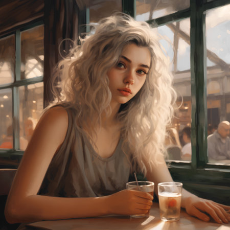 Portrait of a beautiful girl with long curly hair in a cafeの素材