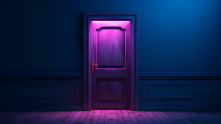 Door in the dark blue interior. 3D render illustration.の素材