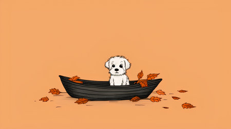 Cute dog sitting in a boat with autumn leaves. Vector illustration.の素材